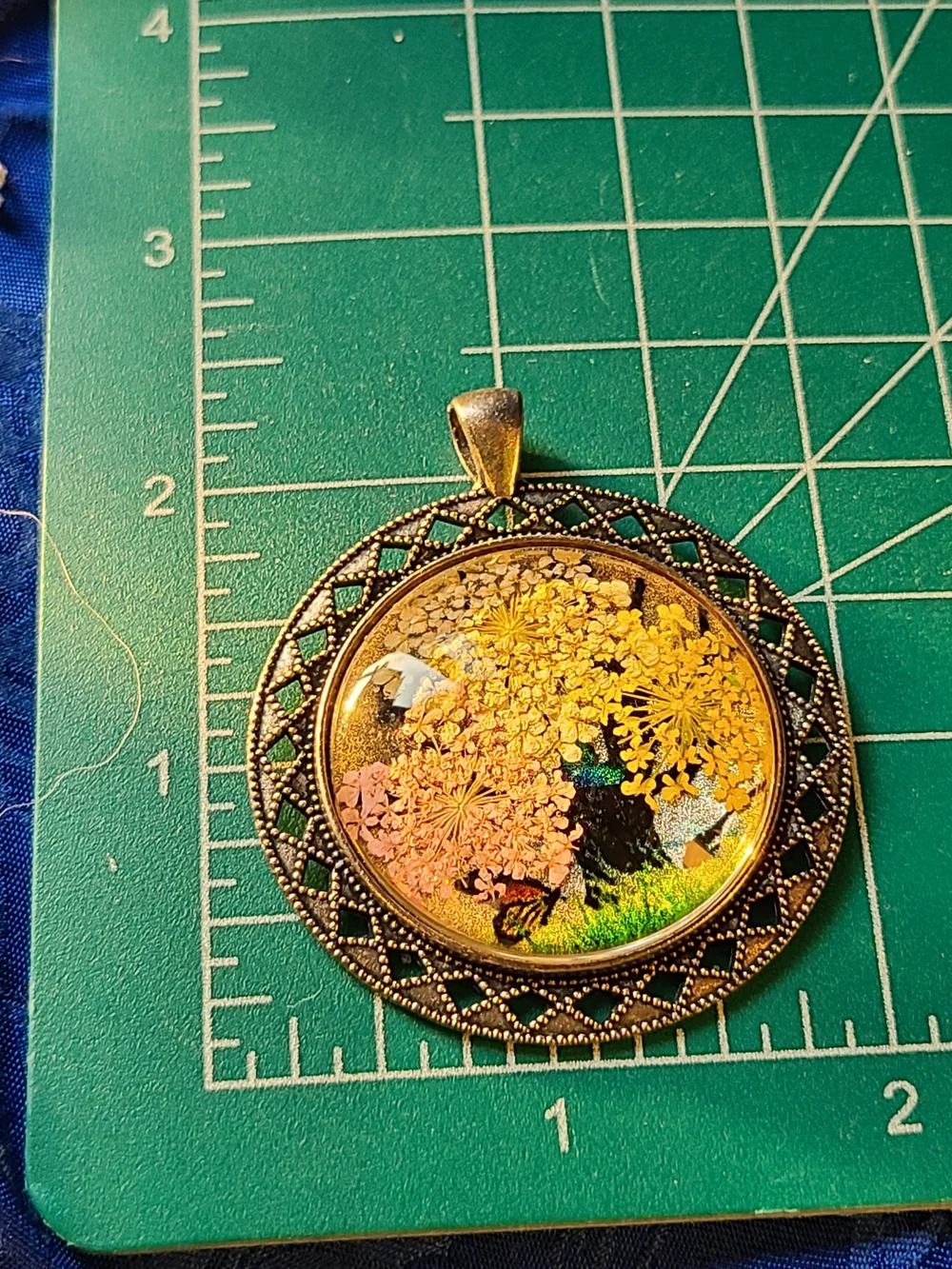 Vintage Yellow Pink Green Floral Resin Pendant Necklace